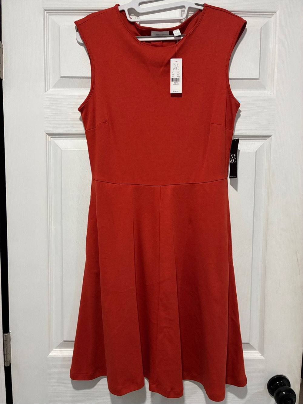 New York & Company Red/Burnt Sienna Sleeveless Fit-and-Flare Dress Cotton Knit M